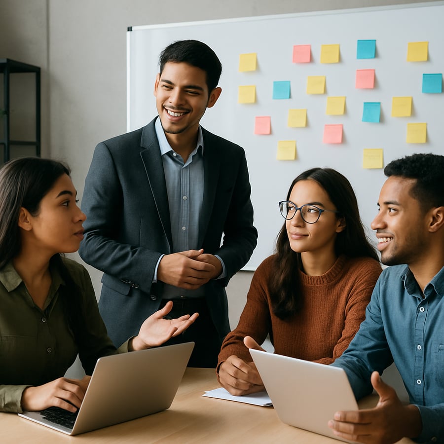 Jóvenes profesionales latinoamericanos dialogando en equipo en sala moderna con laptops y pizarras llenas de post-its, reflejando liderazgo, comunicación y colaboración.